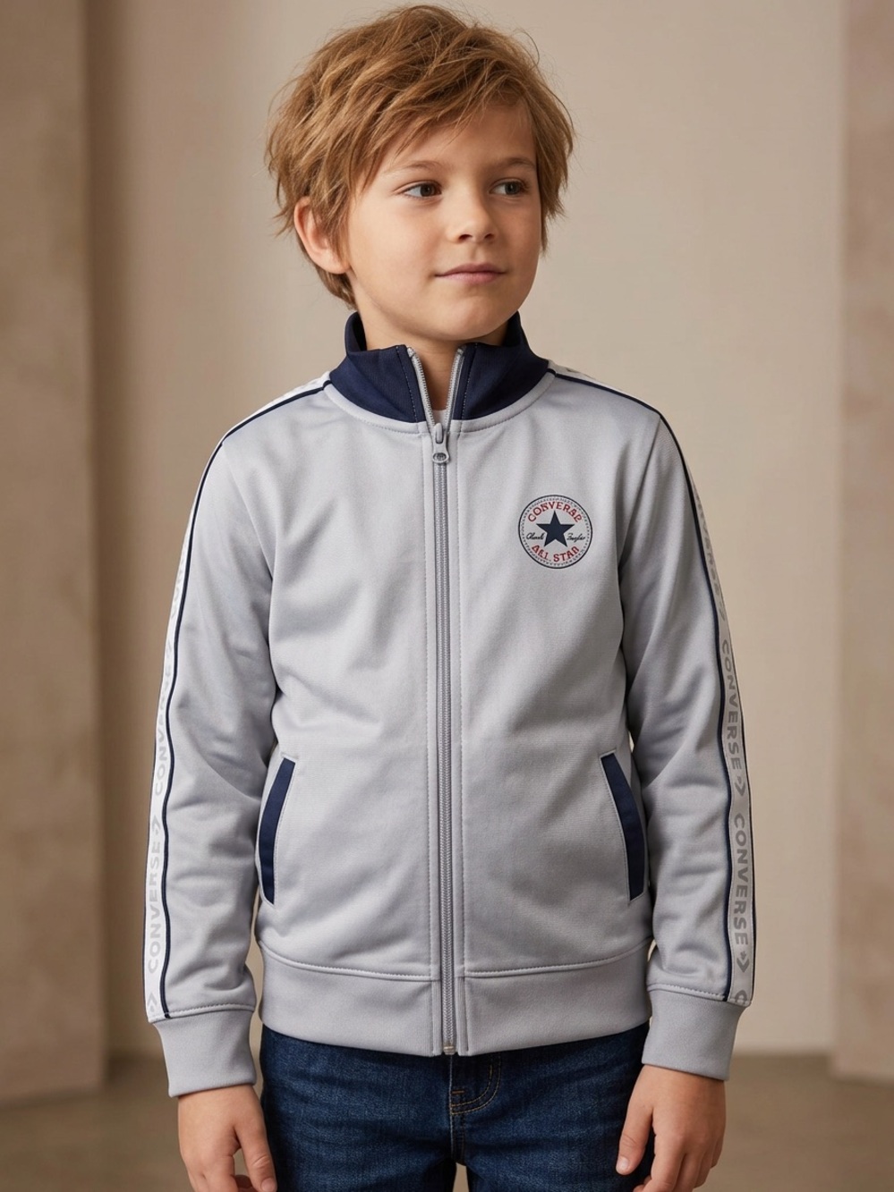 Converse Light Gray and Navy Zip-Front Track Jacket